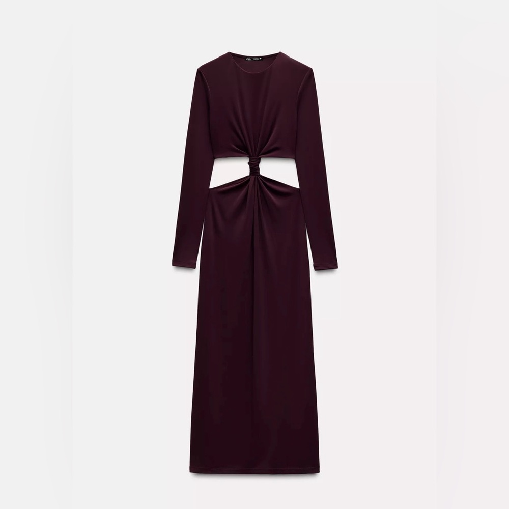 ZARA Burgundy Cut Out Knot Dress Midi Bodycon Long Sleeve Size Large